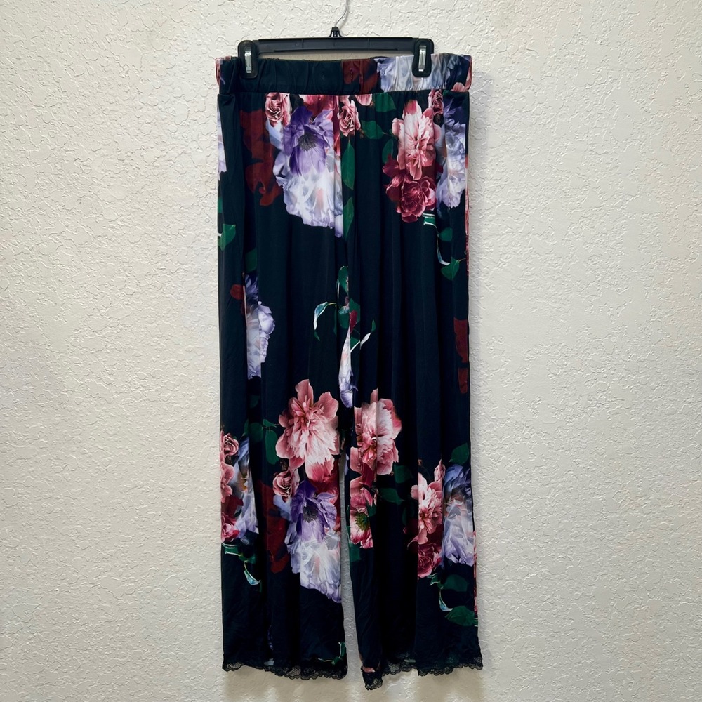 Cacique‎ Womens Floral Lace Trim Wide Leg Pajama Pants Black Pink Satin 18/20